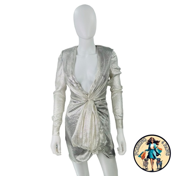 Redemption for FWRD Long Sleeve Metallic Deep V Party Dress in Silver Size XS